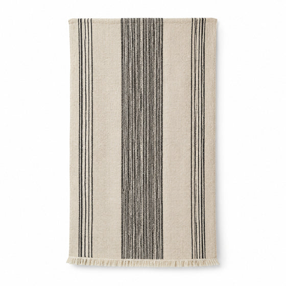 Natural and black minimal striped handwoven cotton hammam towel 90x180 cm with fringe for modern resort buyers