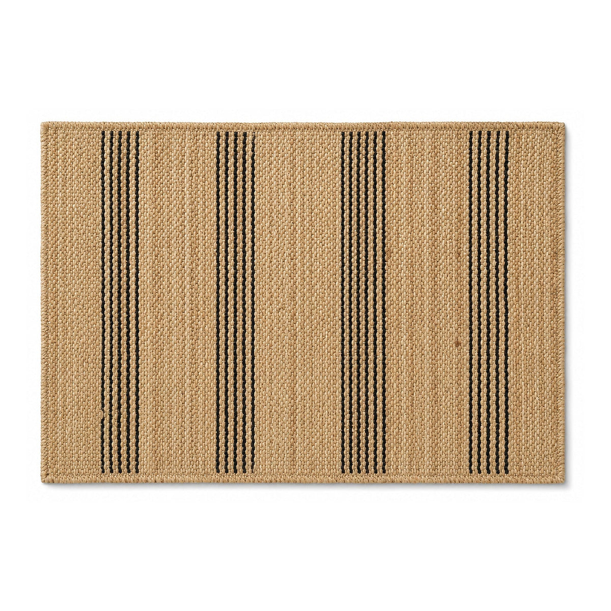 Natural beige woven bath mat with black vertical stripes on white background