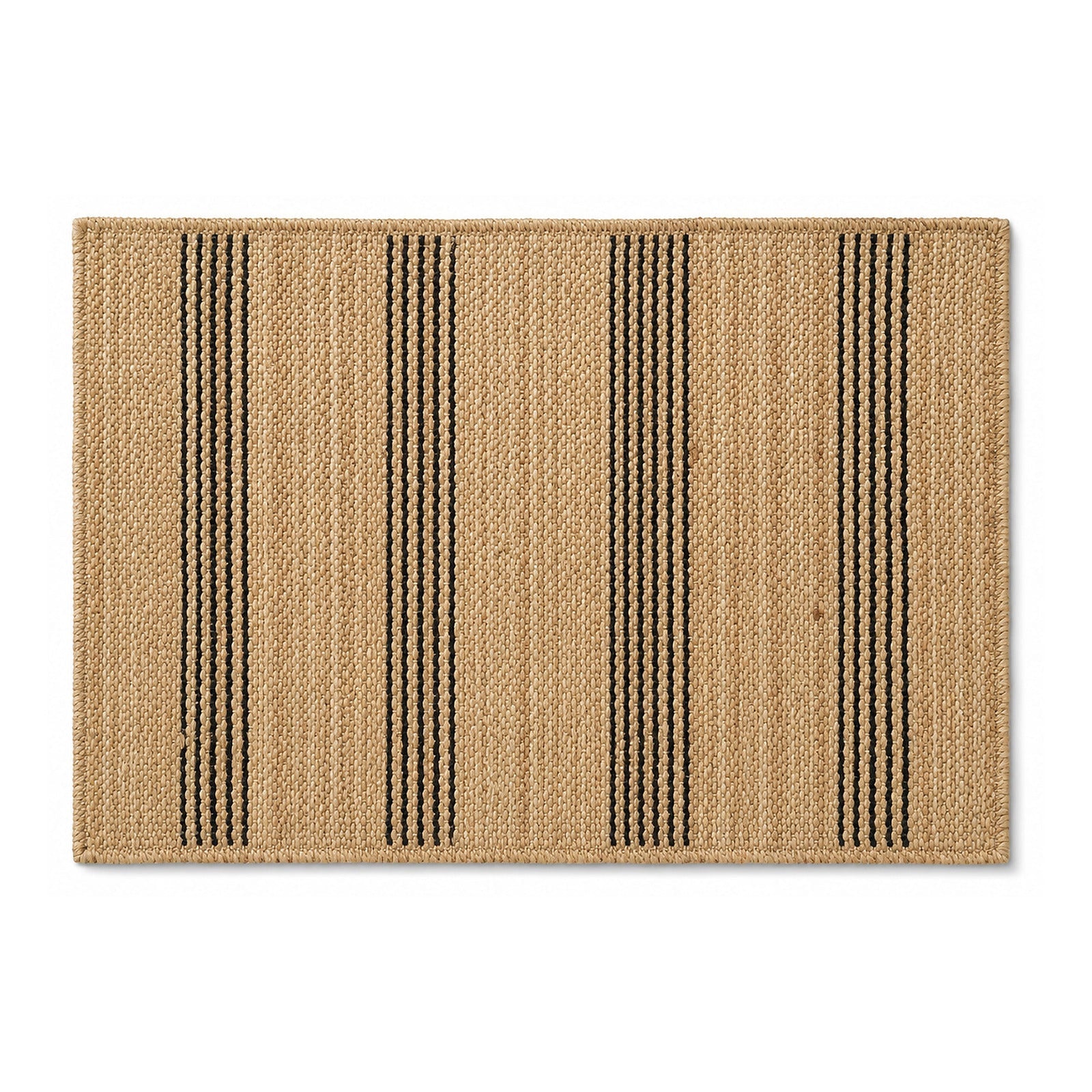Natural beige woven bath mat with black vertical stripes on white background