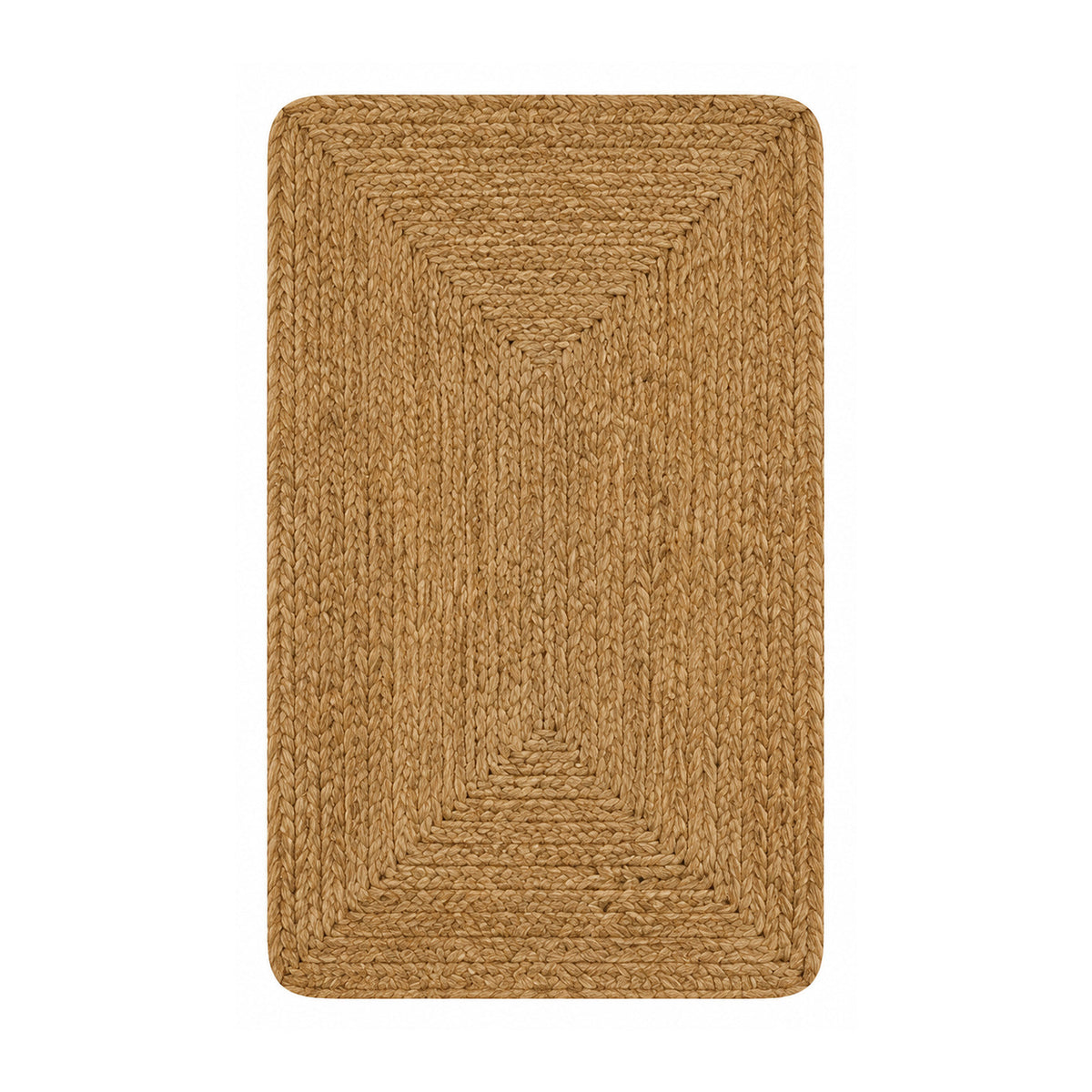 Natural braided jute bath mat with concentric rectangular weave on white background