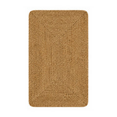 Natural braided jute bath mat with concentric rectangular weave on white background