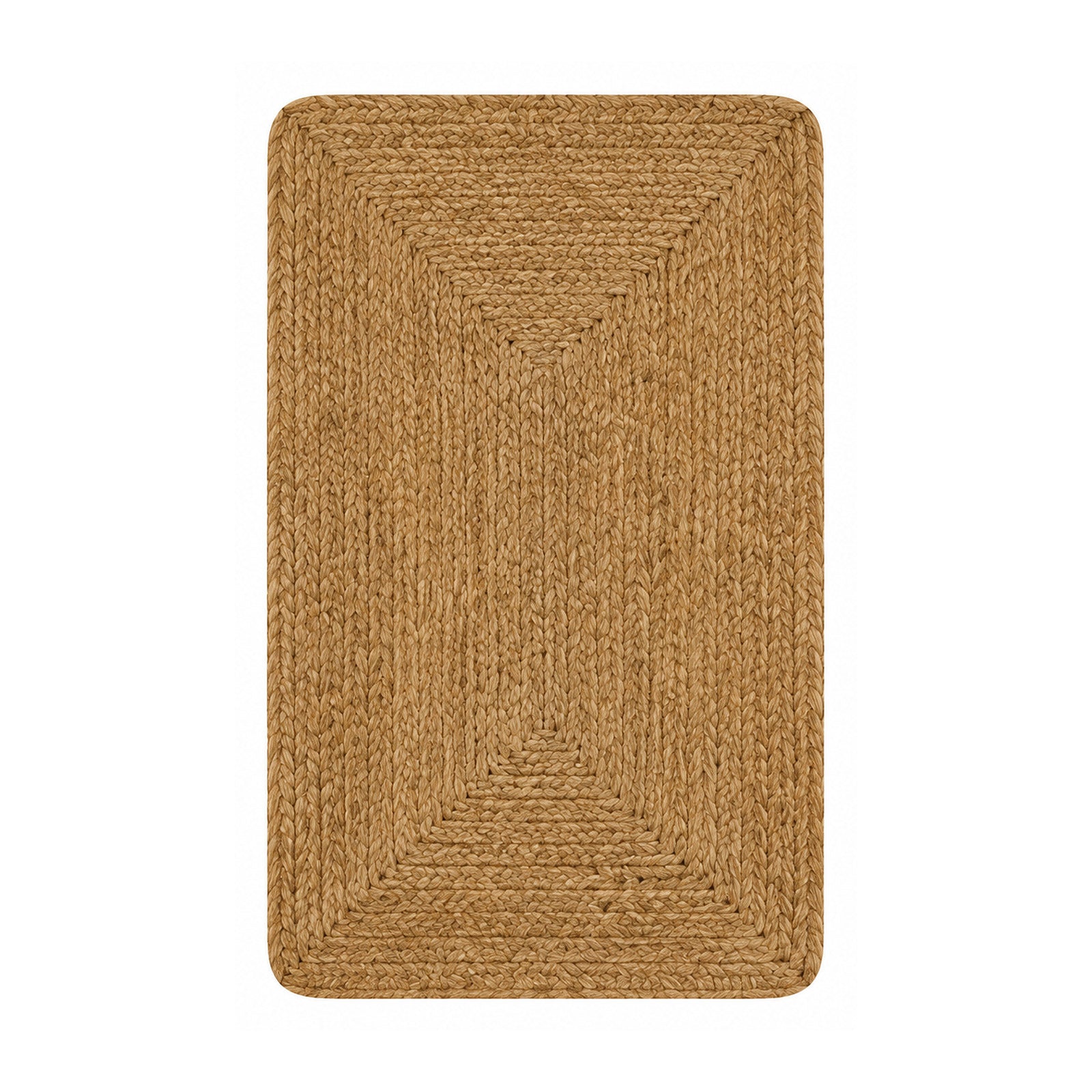 Natural braided jute bath mat with concentric rectangular weave on white background