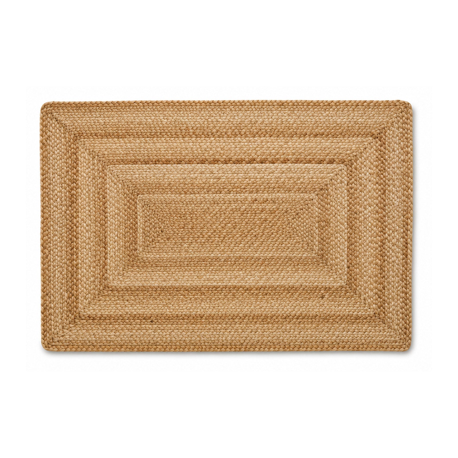 Natural braided jute rectangular bath mat with concentric border on white background