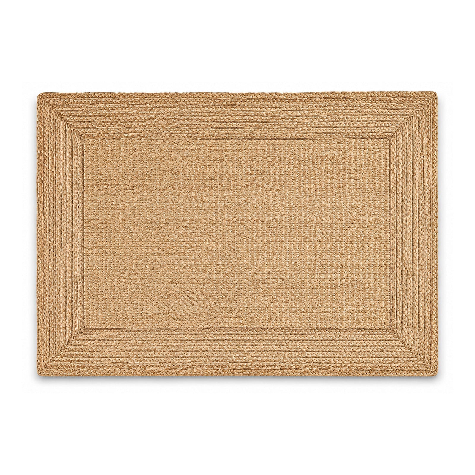 Natural braided jute border bath mat on white background