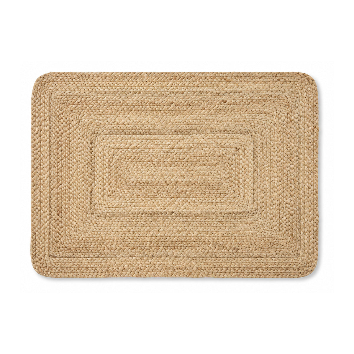 Natural braided jute concentric rectangular bath mat on white background