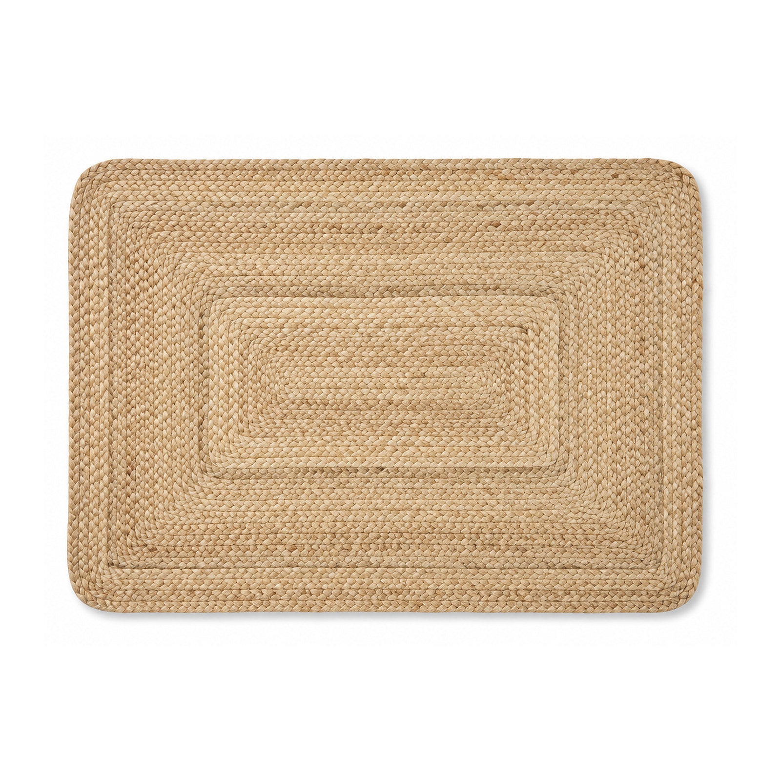 Natural braided jute concentric rectangular bath mat on white background
