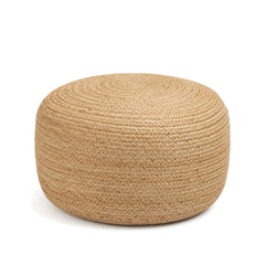 Natural braided jute round pouf ottoman with concentric woven texture