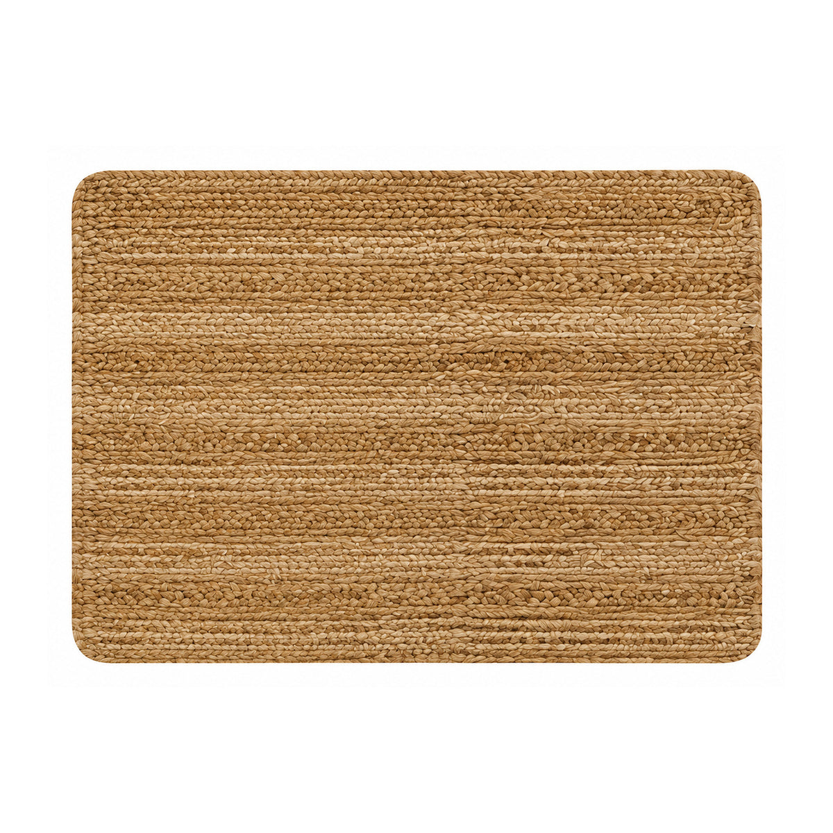 Natural braided jute textured rectangular bath mat on white background