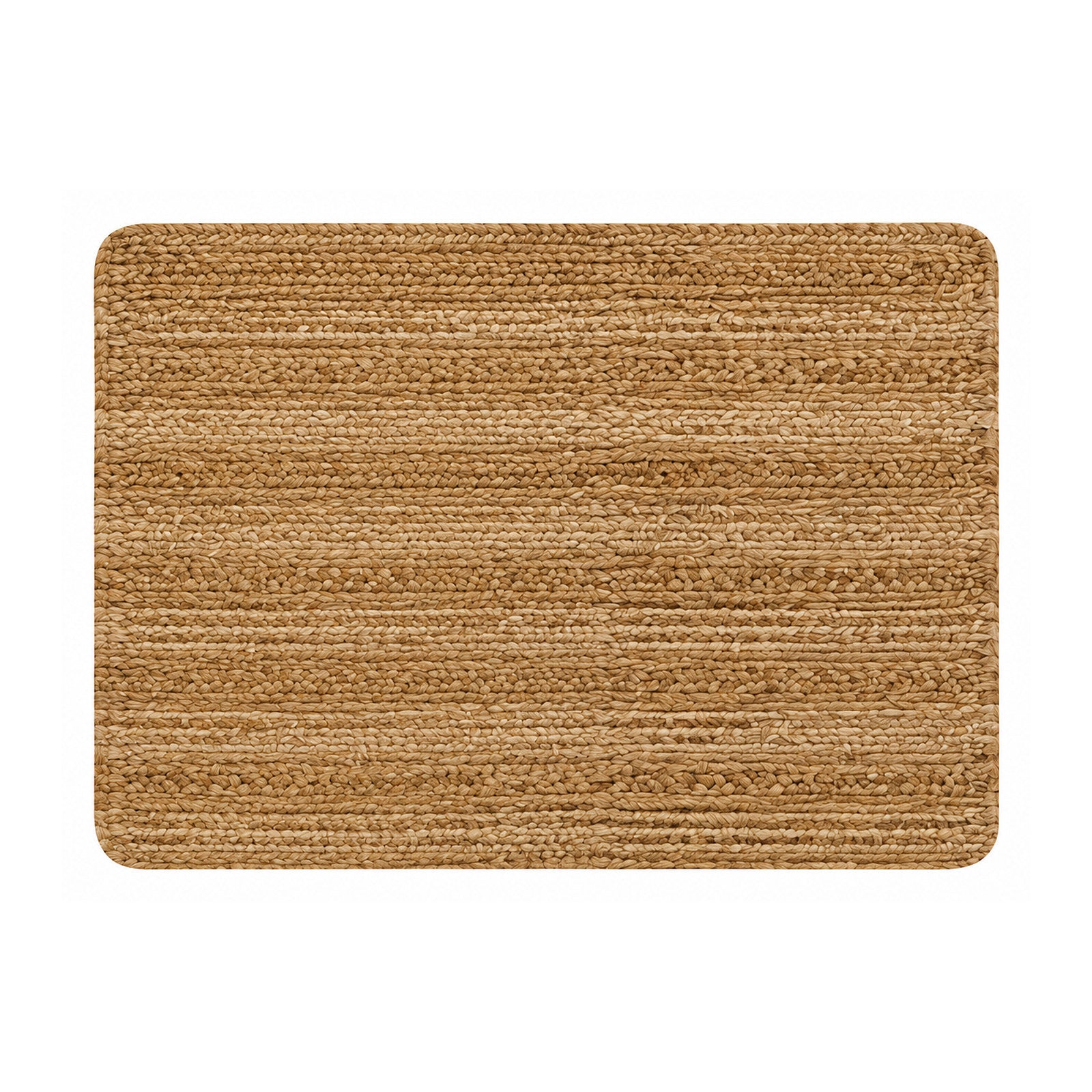 Natural braided jute textured rectangular bath mat on white background