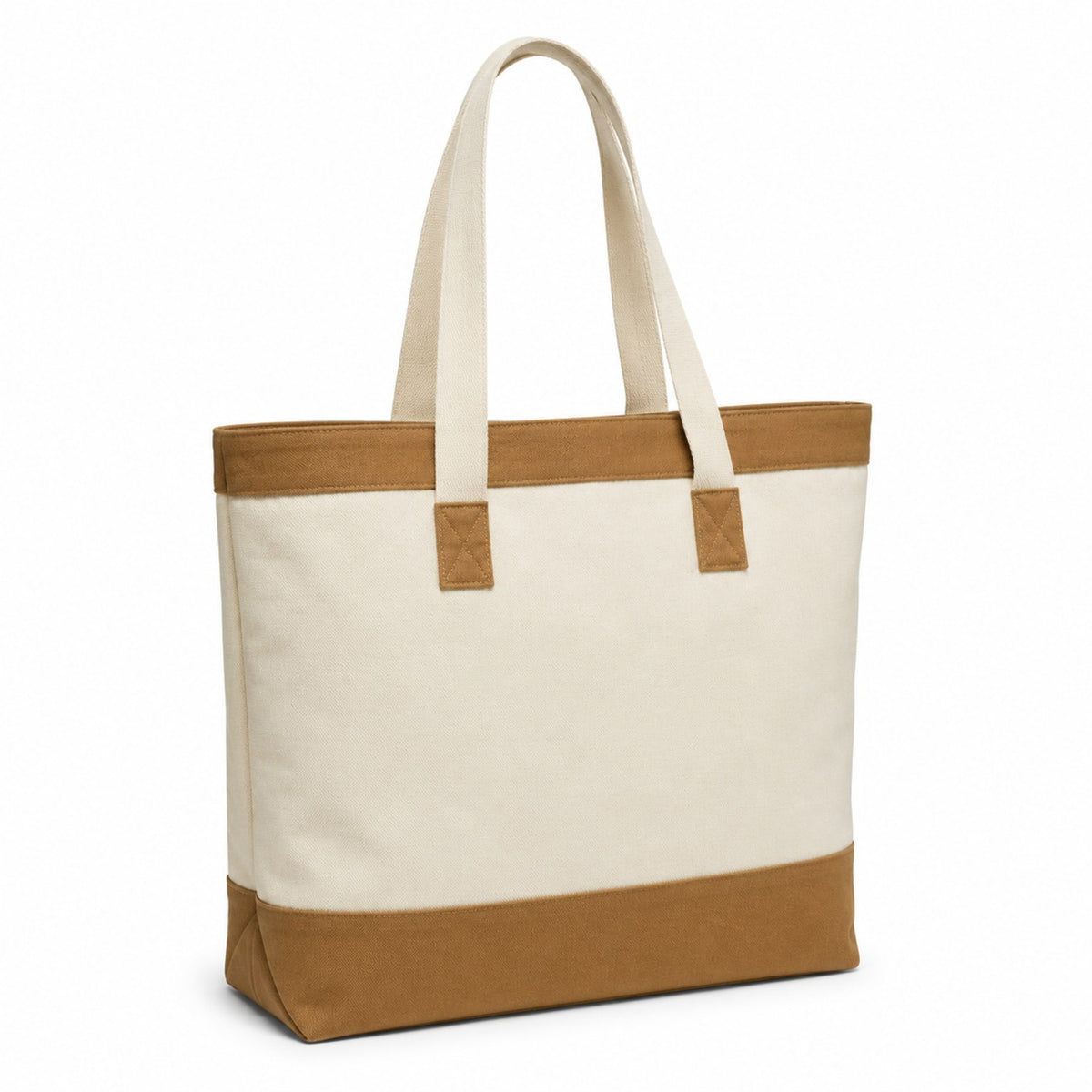 Natural canvas tote bag with camel top trim, reinforced base and matching handle accents on a white background.