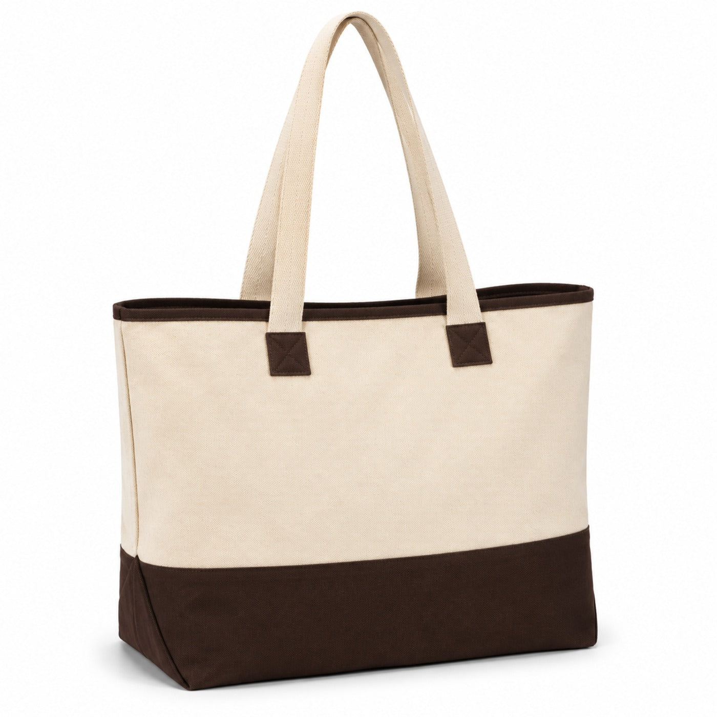 Natural canvas tote bag with chocolate brown reinforced base and matching trim accents on a white background.