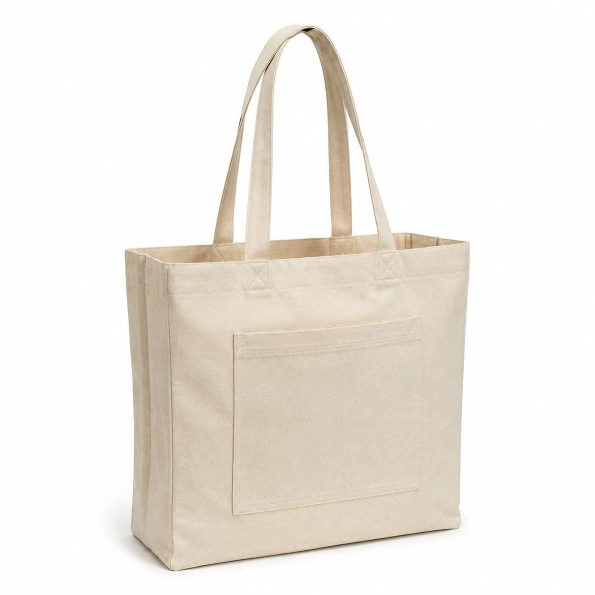 Natural canvas tote bag with front pocket, wide gusset and long handles on a white background.