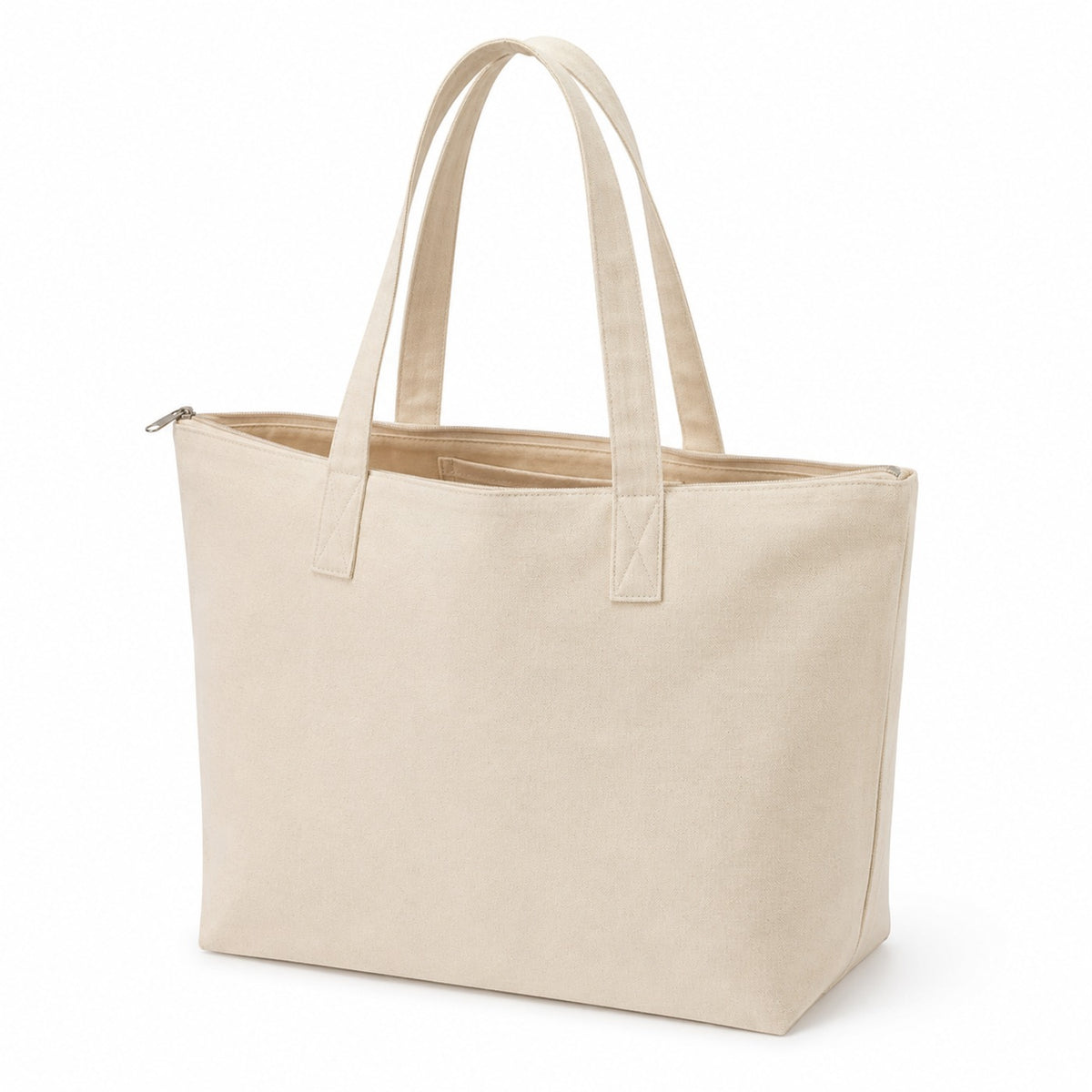 Natural canvas tote bag with zip-top closure, wide gusset and long handles on a white background.