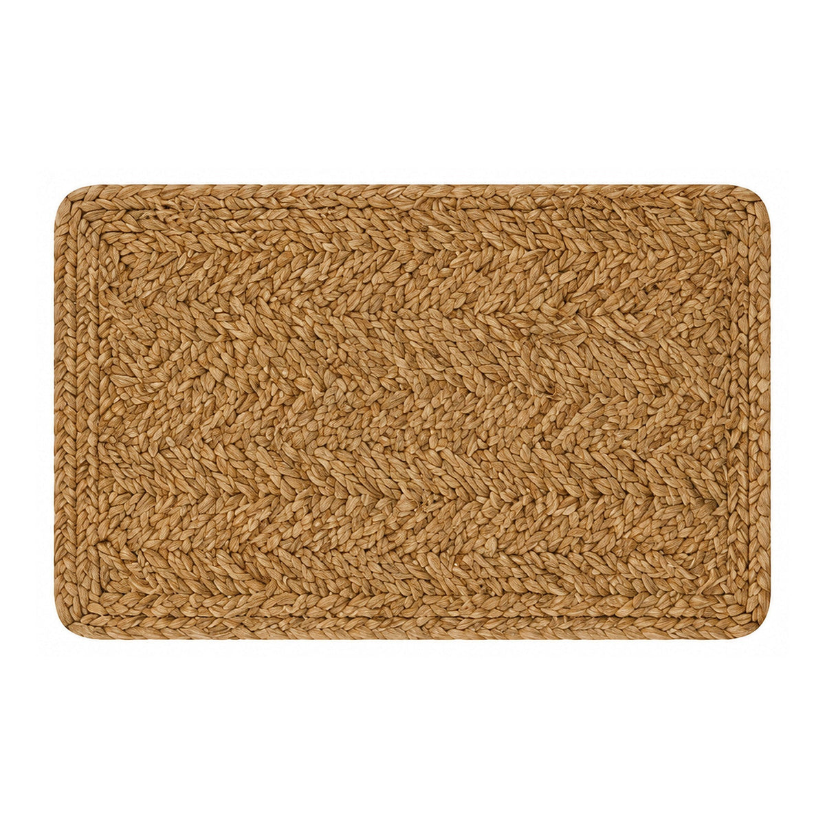 Natural chevron braided jute bath mat with rounded corners on white background