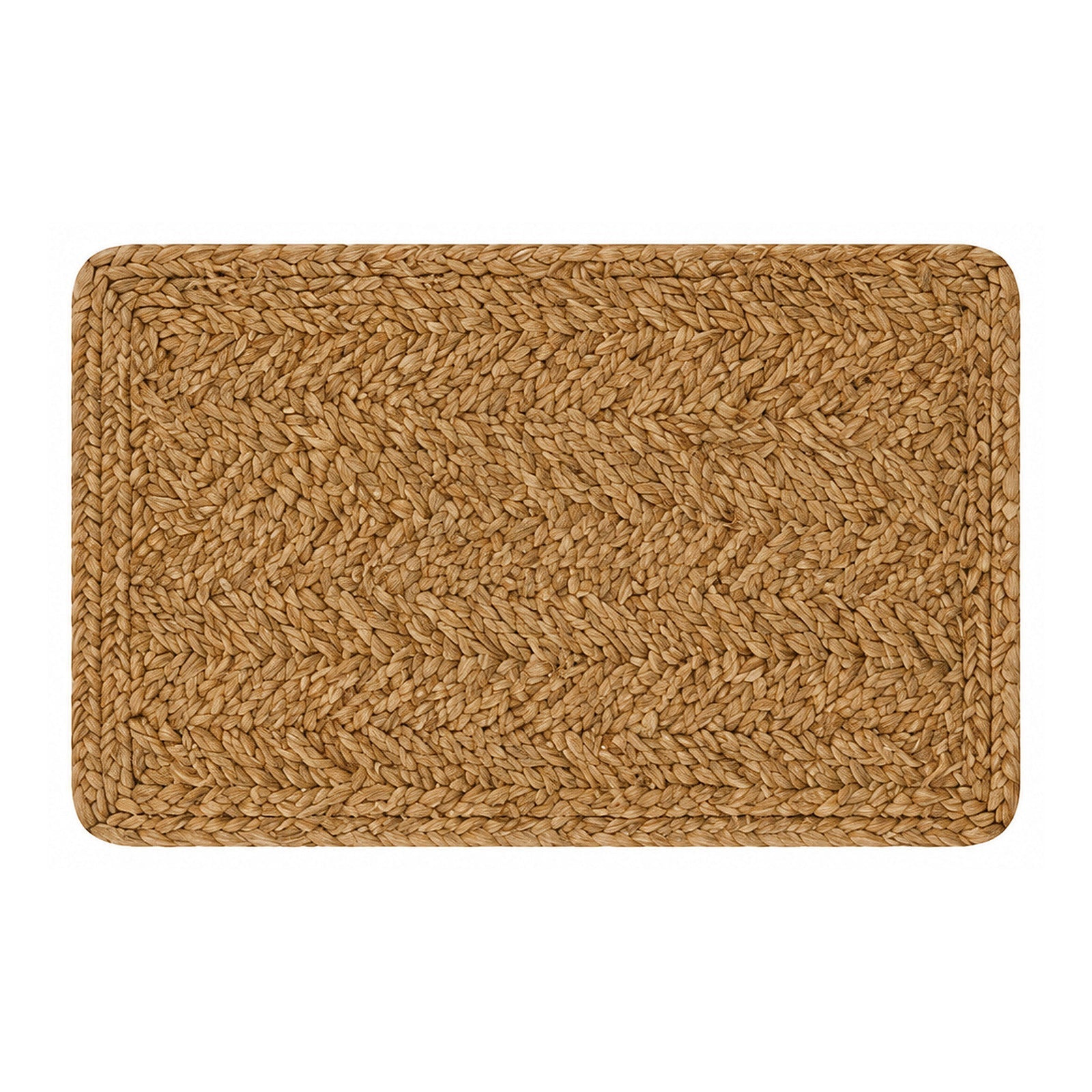 Natural chevron braided jute bath mat with rounded corners on white background