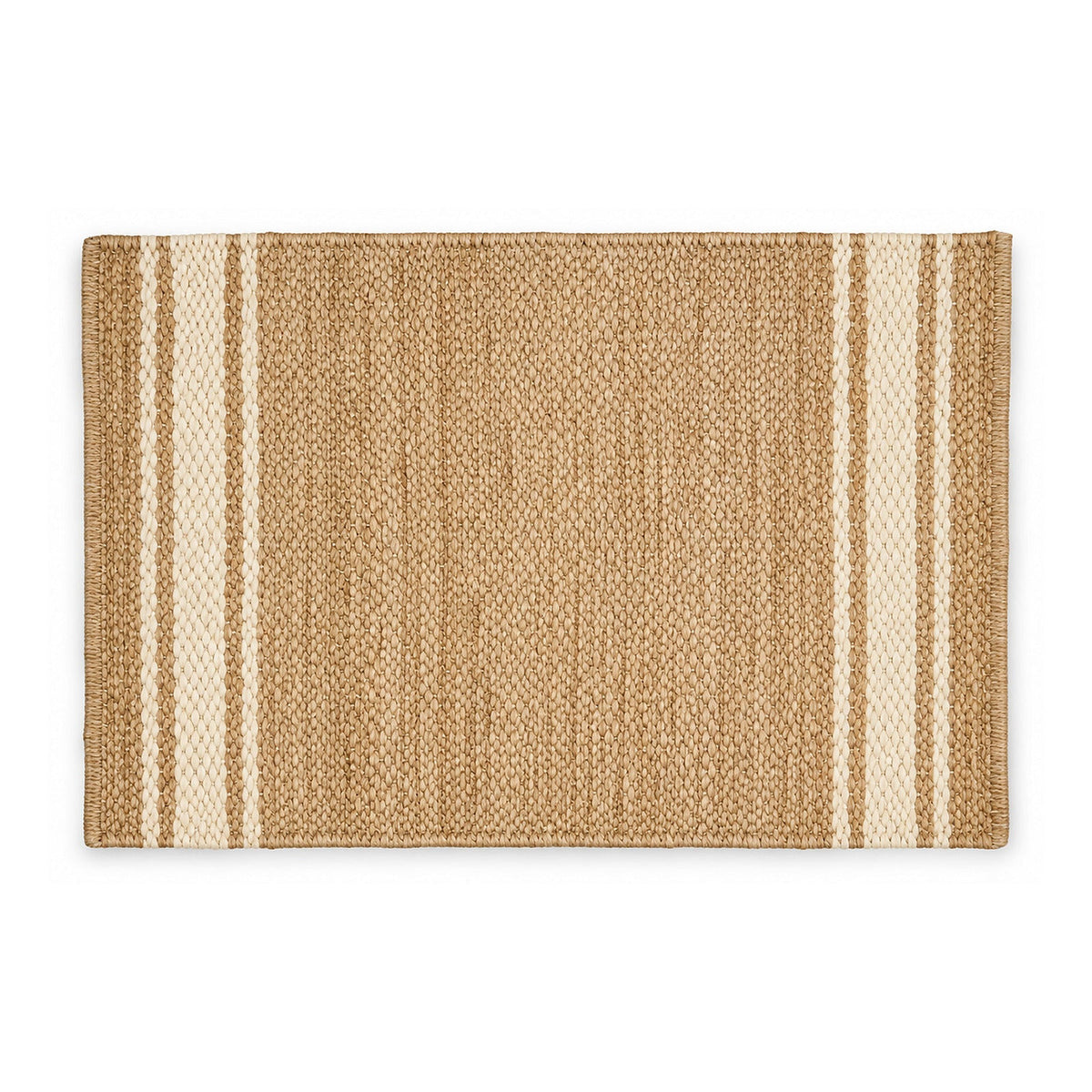 Natural beige and cream striped woven bath mat on white background