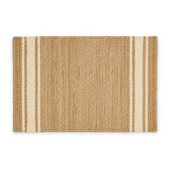Natural beige and cream striped woven bath mat on white background