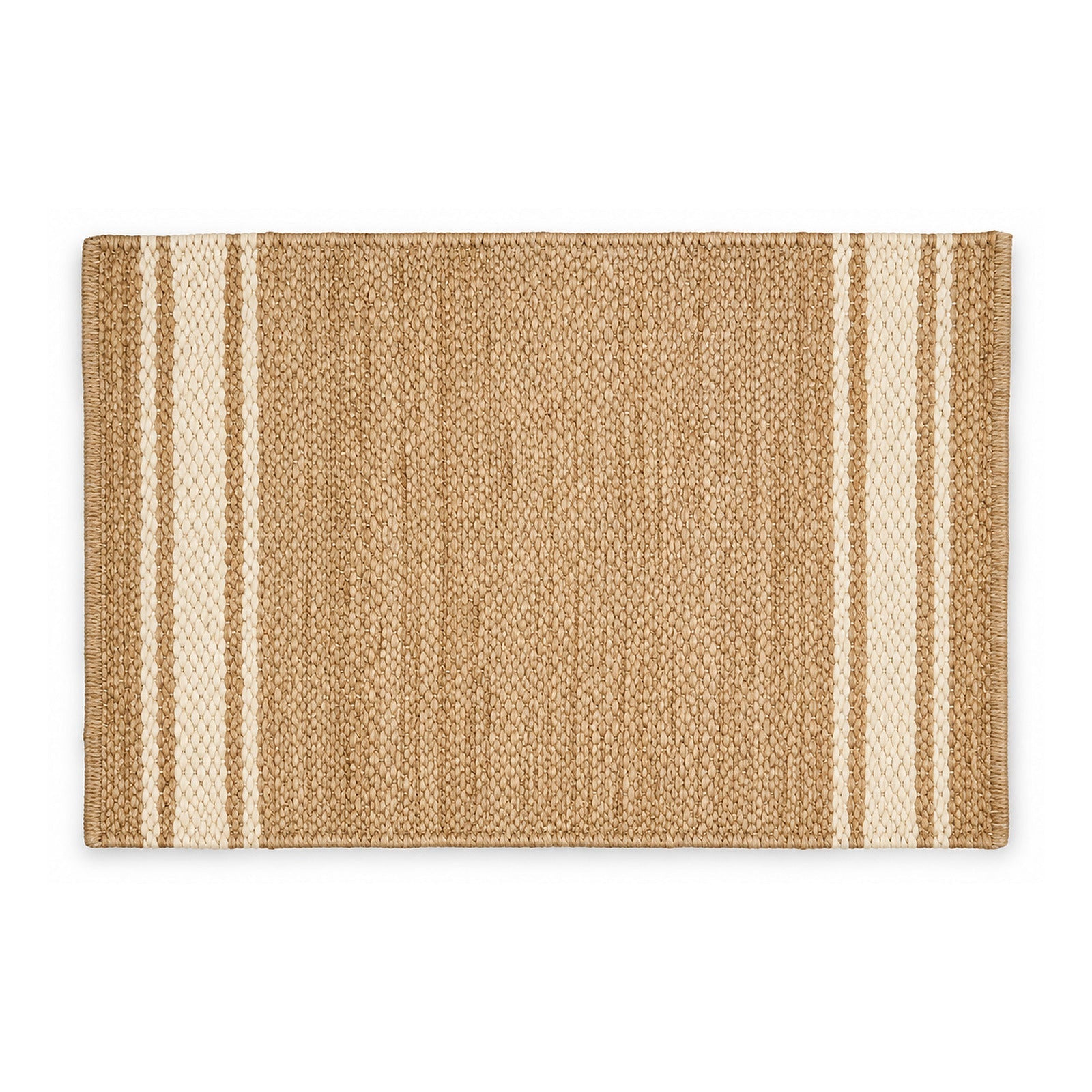 Natural beige and cream striped woven bath mat on white background