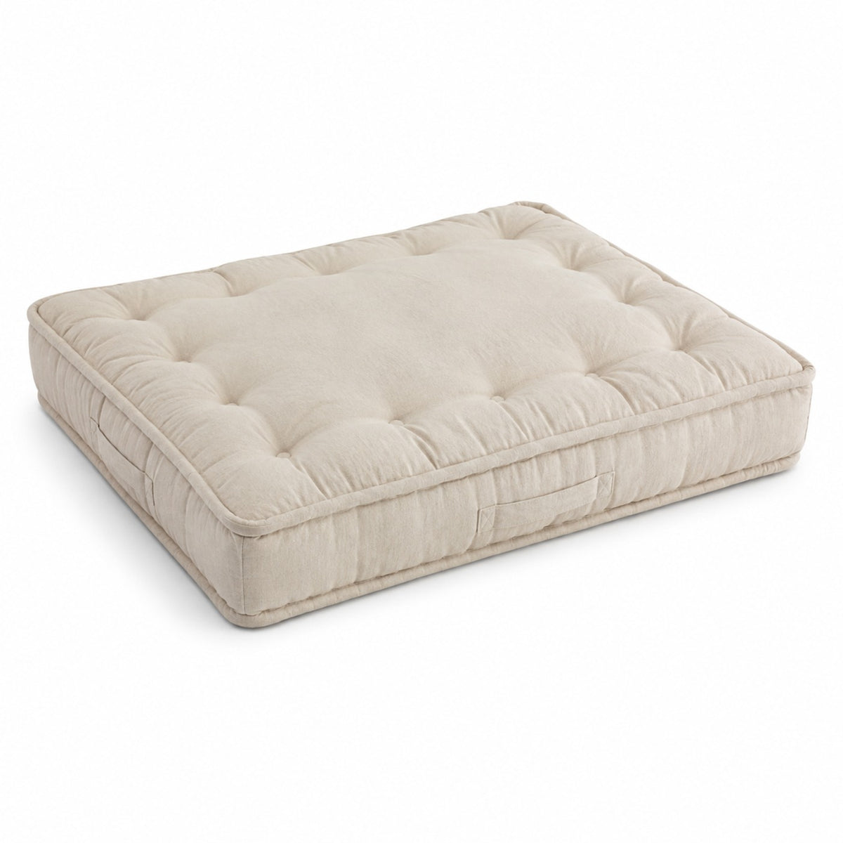 Natural beige square floor cushion with deep button-style tufting on white background
