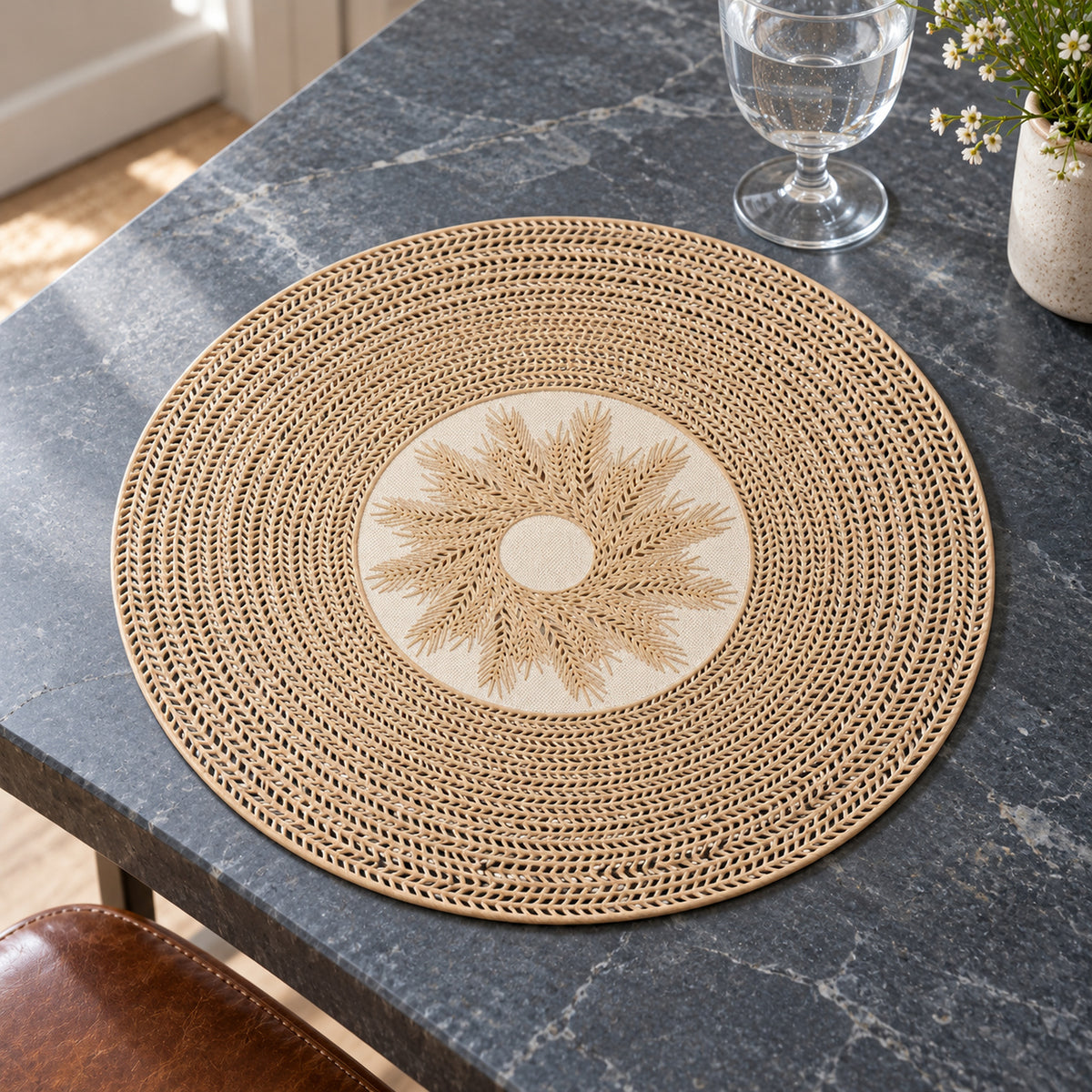 Round natural beige placemat with an open-weave-looking circular border and ivory floral sunburst medallion at the centre on dark marble