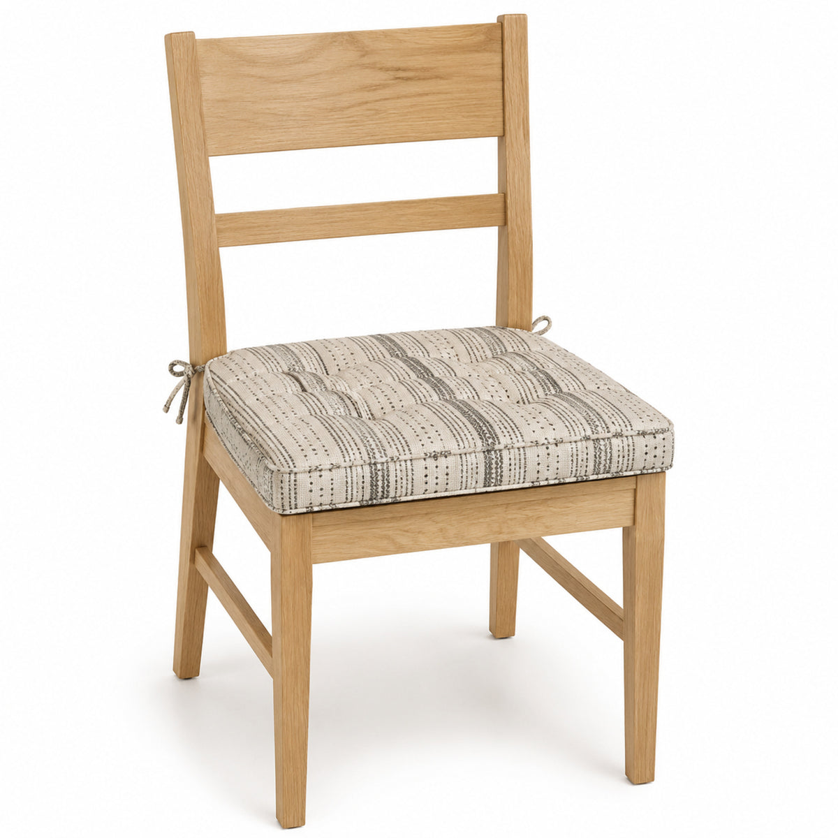 Primeval natural grey woven stripe dining chair pad with tie straps on wooden dining chair