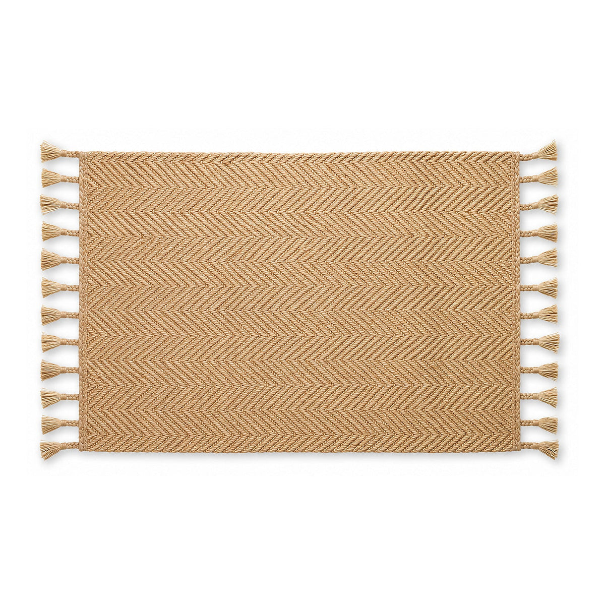 Natural herringbone woven jute bath runner with tassels on white background