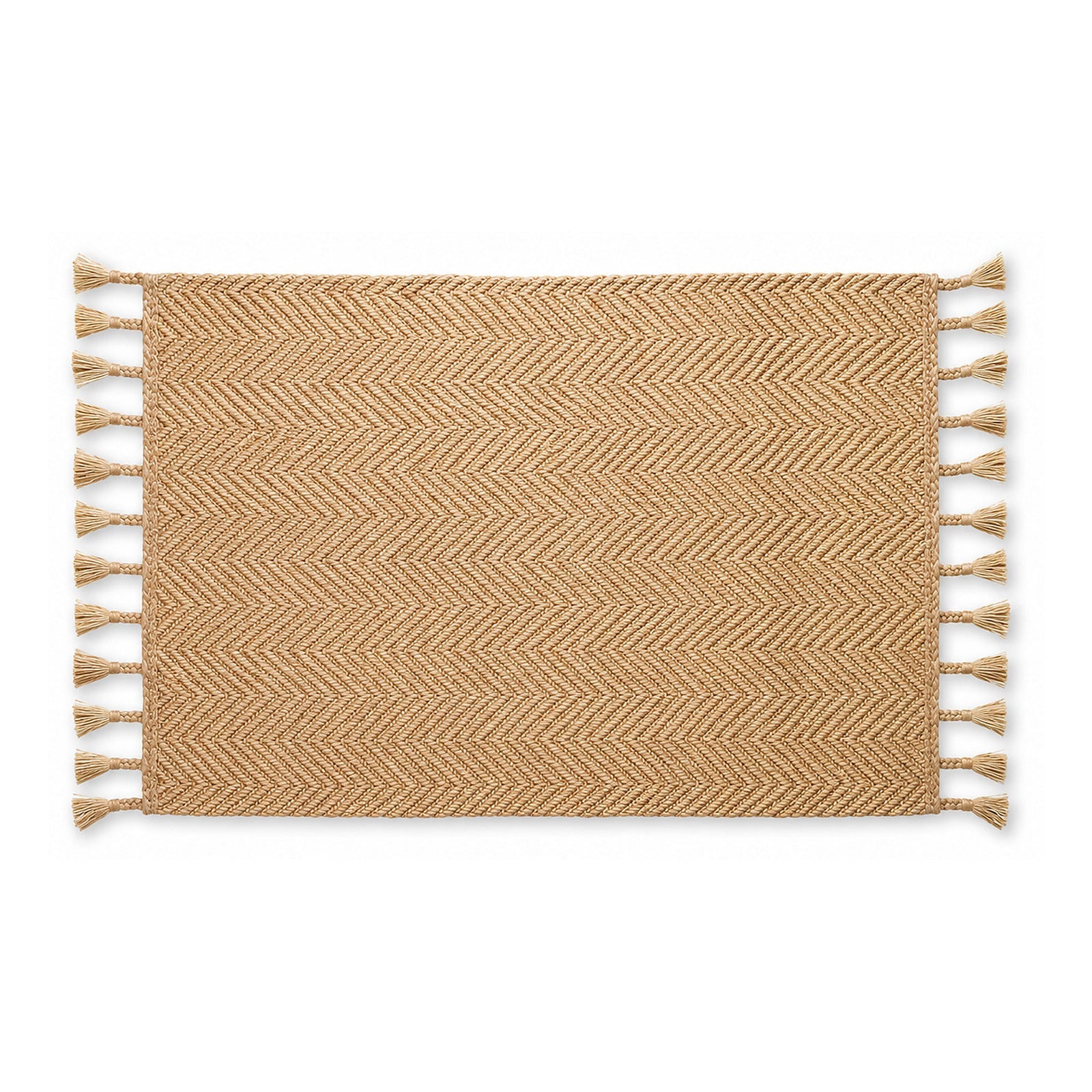 Natural herringbone woven jute bath runner with tassels on white background