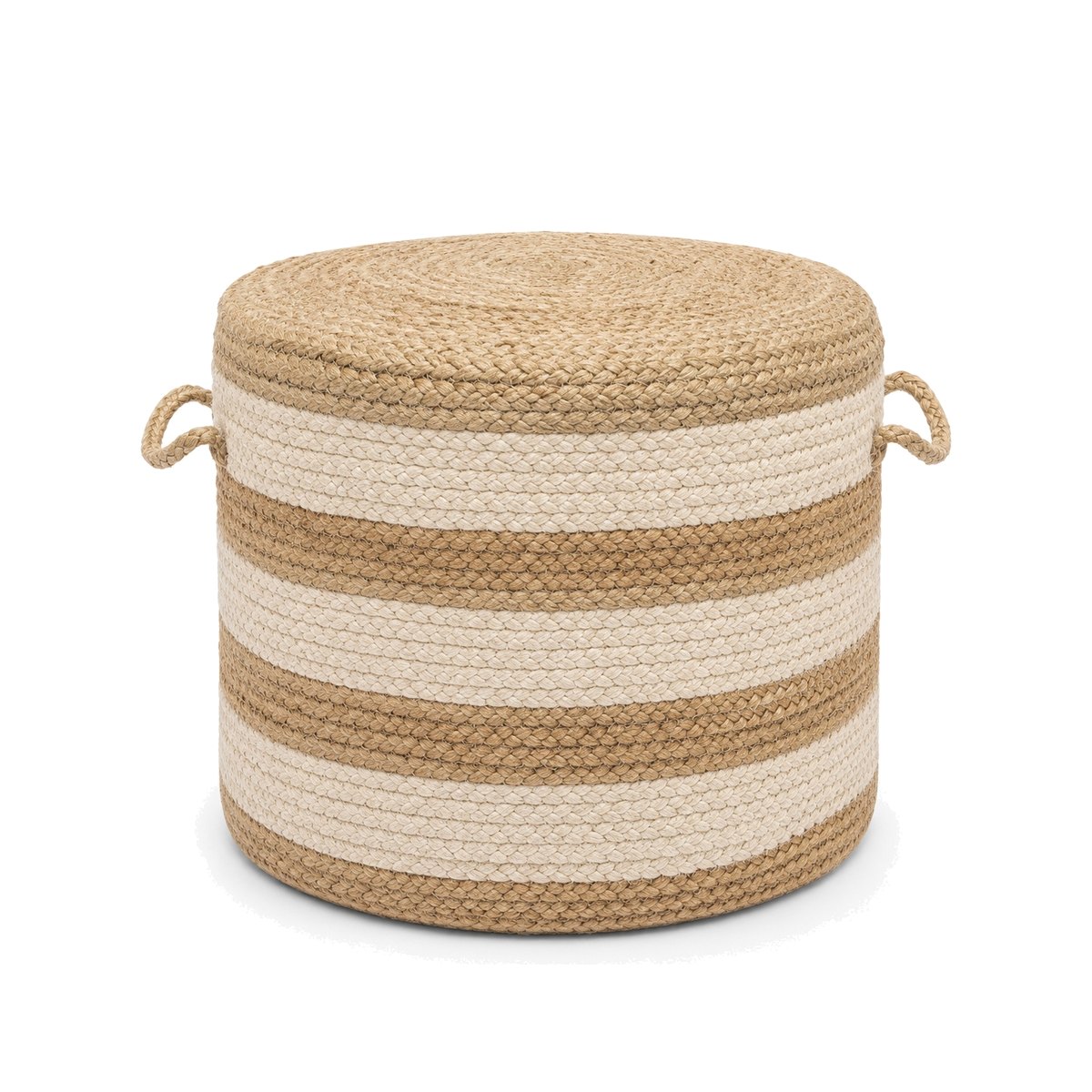 Natural and ivory striped jute pouf with braided handles