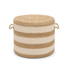 Natural and ivory striped jute pouf with braided handles