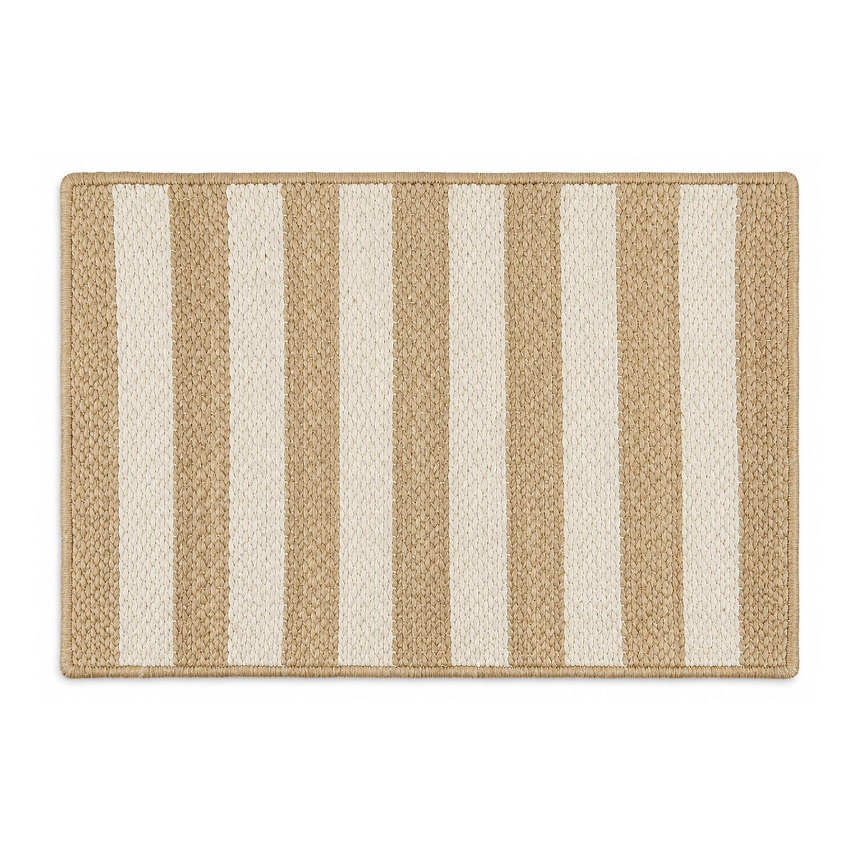 Natural and ivory striped woven jute bath mat on white background