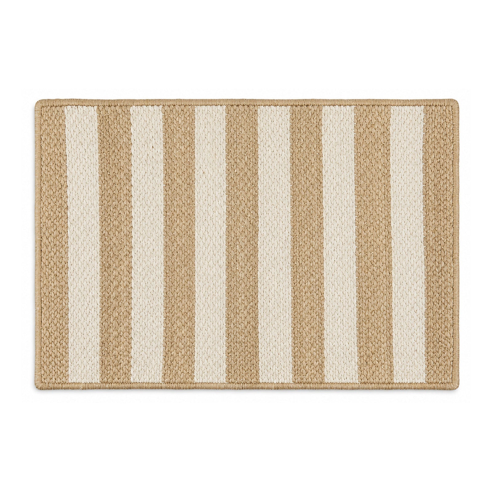 Natural and ivory striped woven jute bath mat on white background