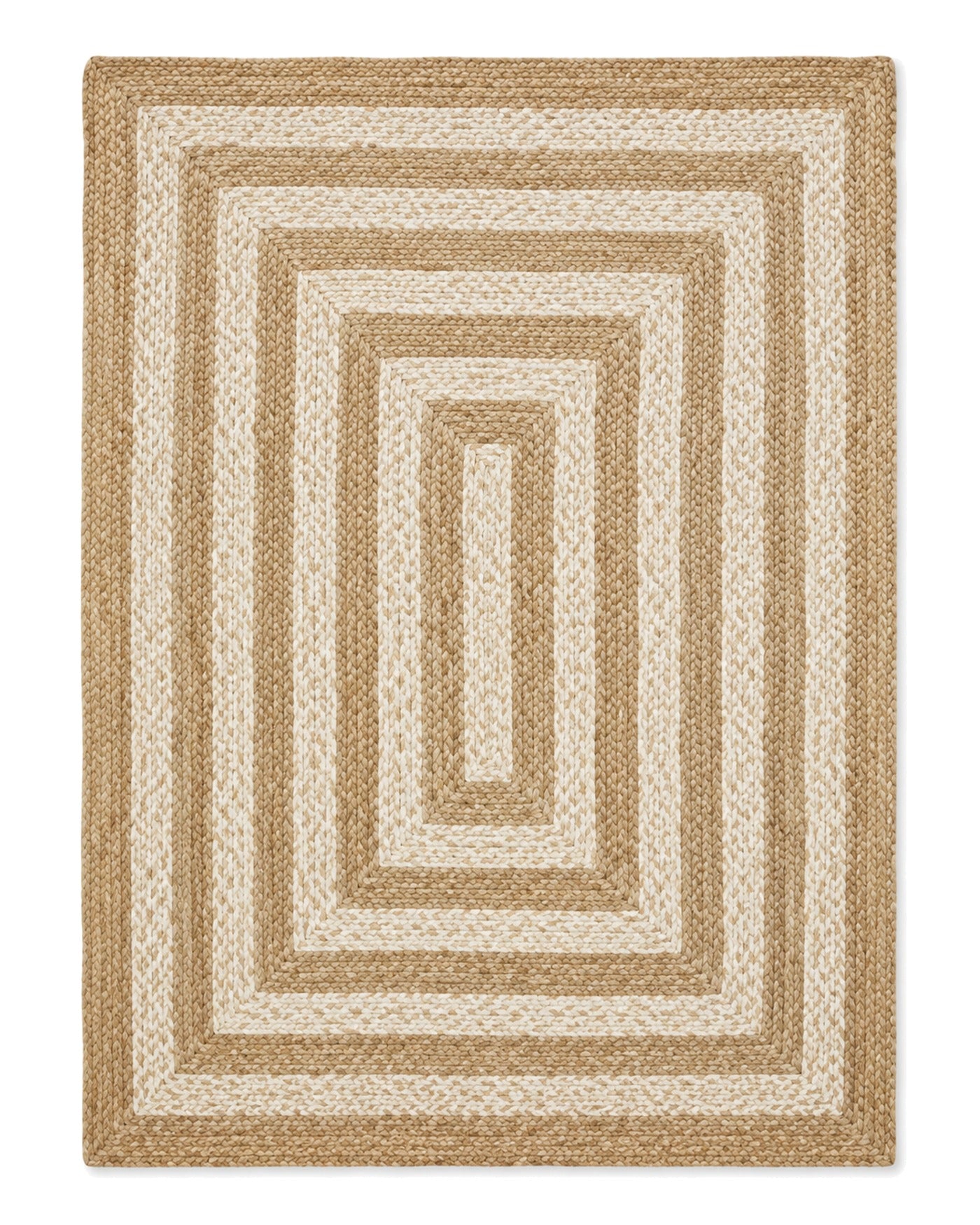 Natural and ivory two-tone braided area rug with concentric rectangular bands on a white background.