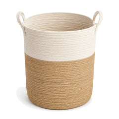 Primeval natural and ivory two-tone jute laundry basket with loop handles on a white background