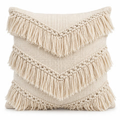 Ivory Macrame Fringe Cushion Cover 45 x 45 cm – Boho V-Chevron Textured Cushion Cover