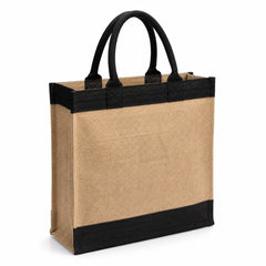 Natural jute tote bag with black top border, reinforced base and black handles on a white background.