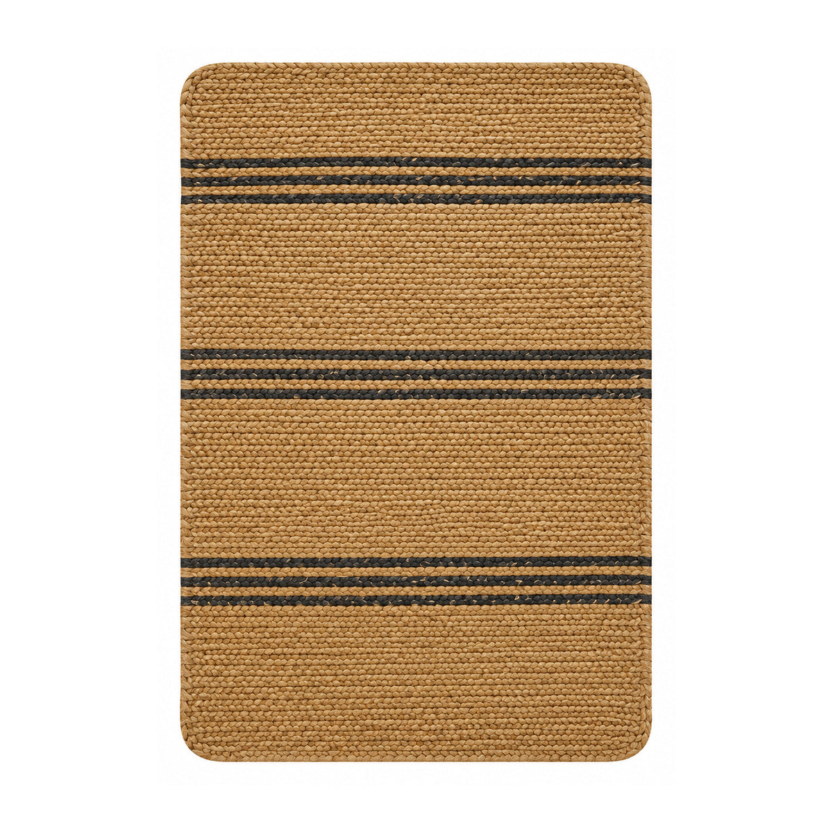 Natural braided jute bath mat with charcoal stripe bands on white background