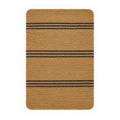 Natural braided jute bath mat with charcoal stripe bands on white background