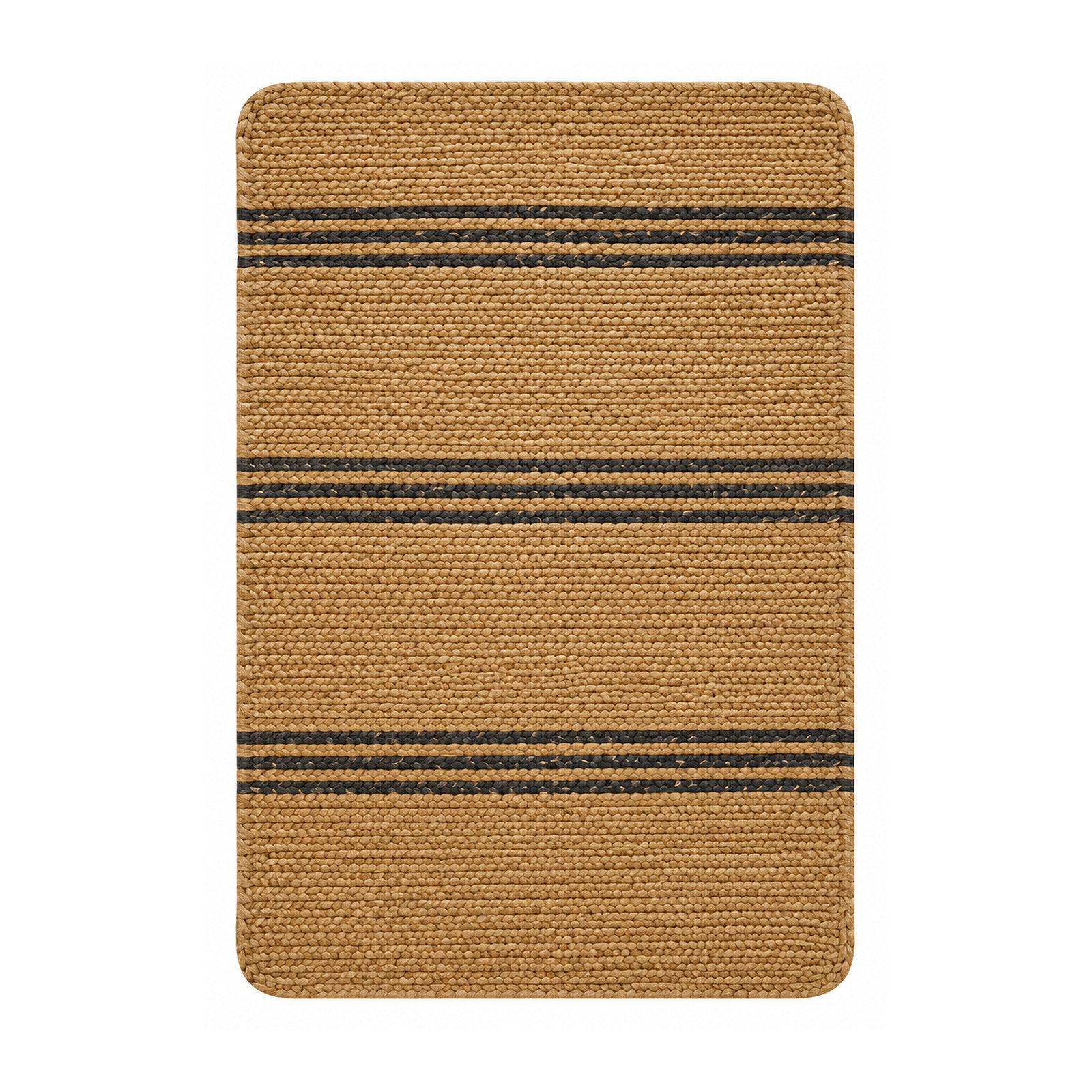 Natural braided jute bath mat with charcoal stripe bands on white background