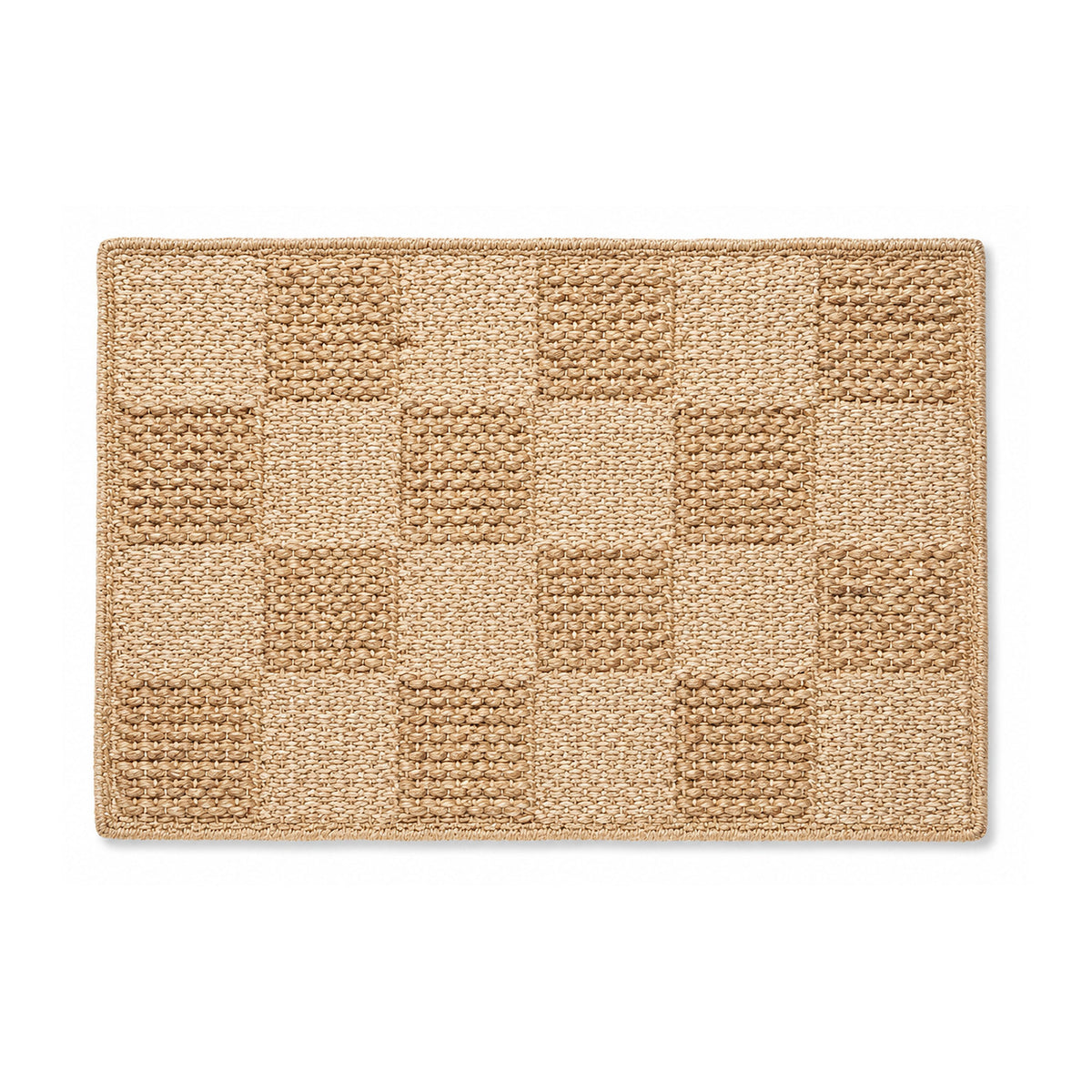 Natural jute checkerboard textured bath mat on white background