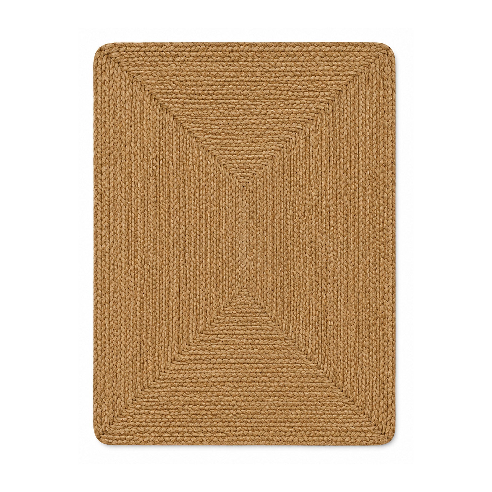 Natural jute classic braided rectangular bath mat on white background