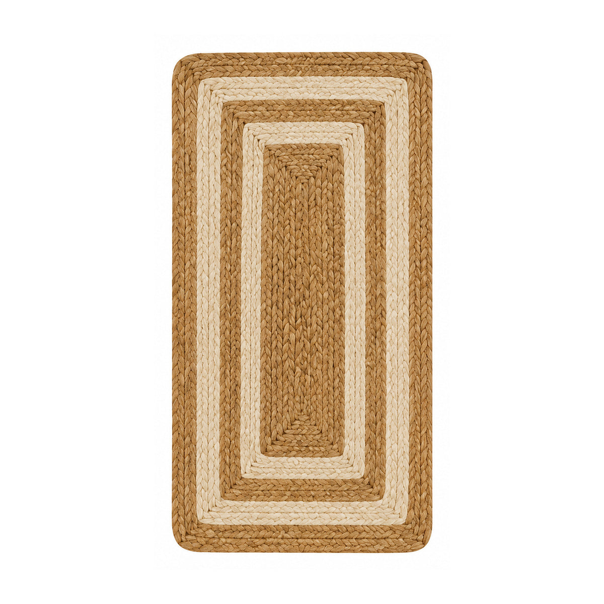 Natural braided jute bath mat with cream border bands on white background
