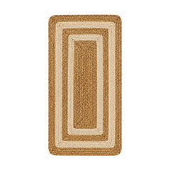 Natural braided jute bath mat with cream border bands on white background