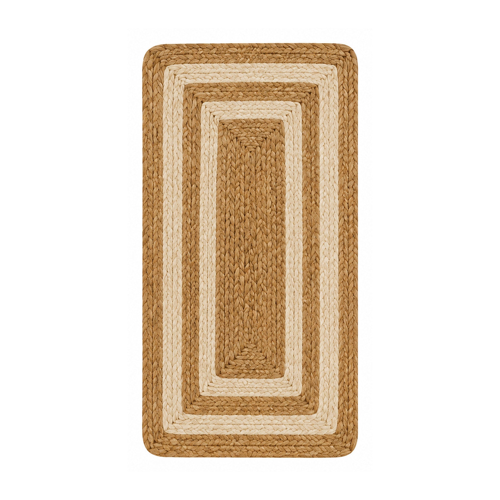 Natural braided jute bath mat with cream border bands on white background