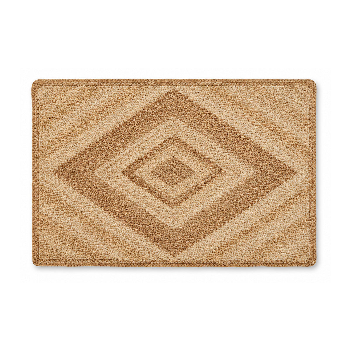 Natural jute braided bath mat with diamond pattern on white background