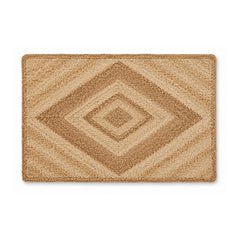 Natural jute braided bath mat with diamond pattern on white background