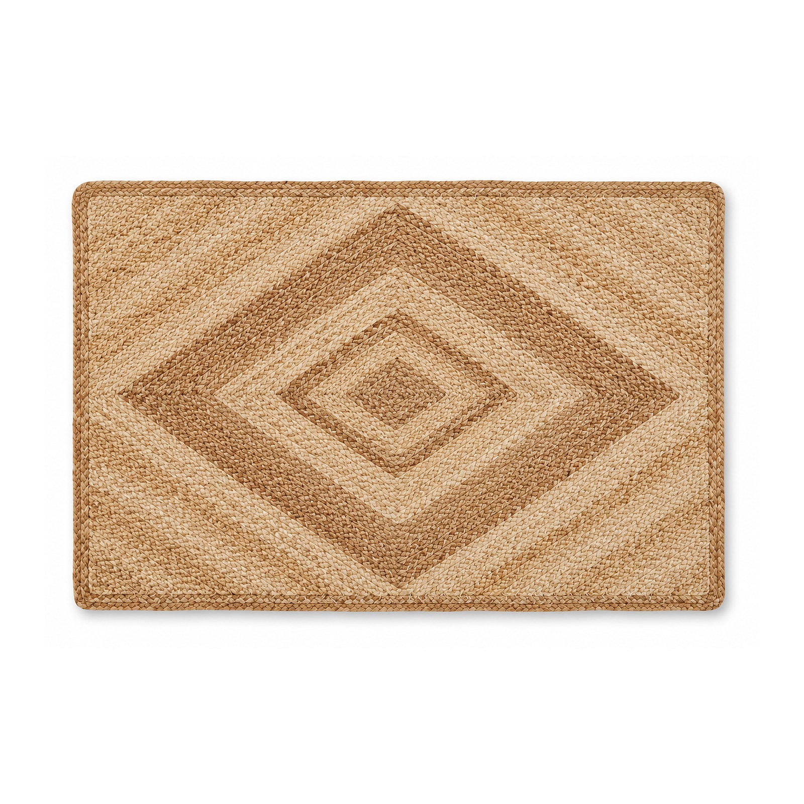 Natural jute braided bath mat with diamond pattern on white background