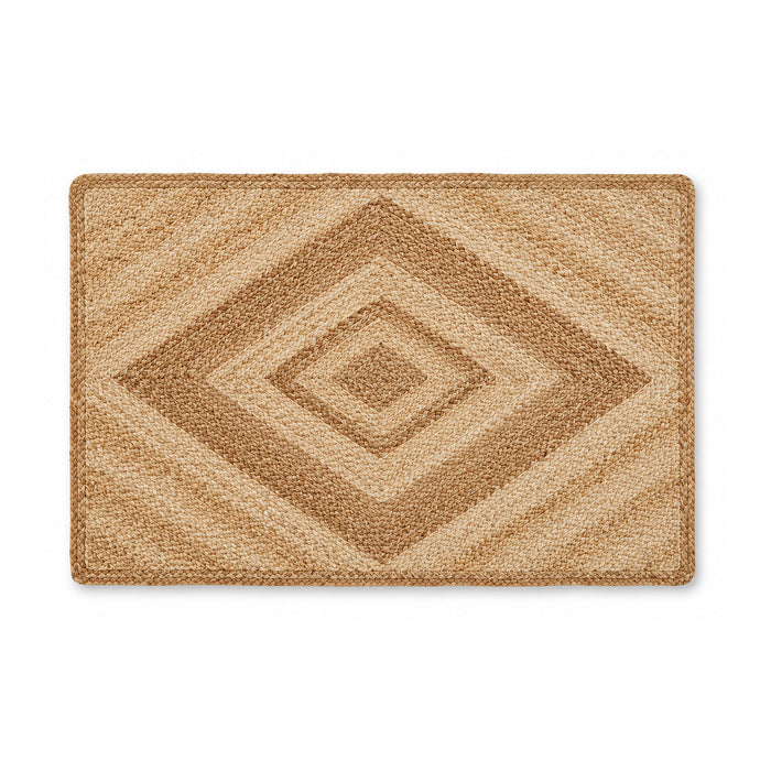 Natural jute braided bath mat with diamond pattern on white background