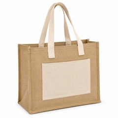 Natural jute tote bag with a contrasting ivory front pocket and natural handles on a white background.