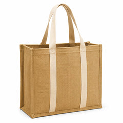 Natural jute tote bag with ivory cotton handles and reinforced vertical straps on a white background.