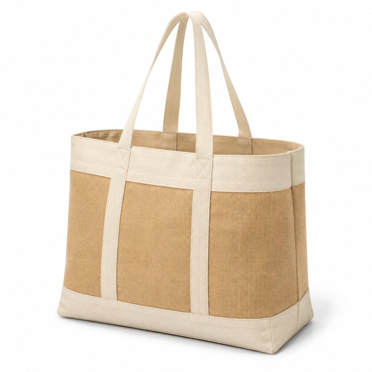 Natural jute tote bag with ivory cotton trim, wide gusset and long handles on a white background.